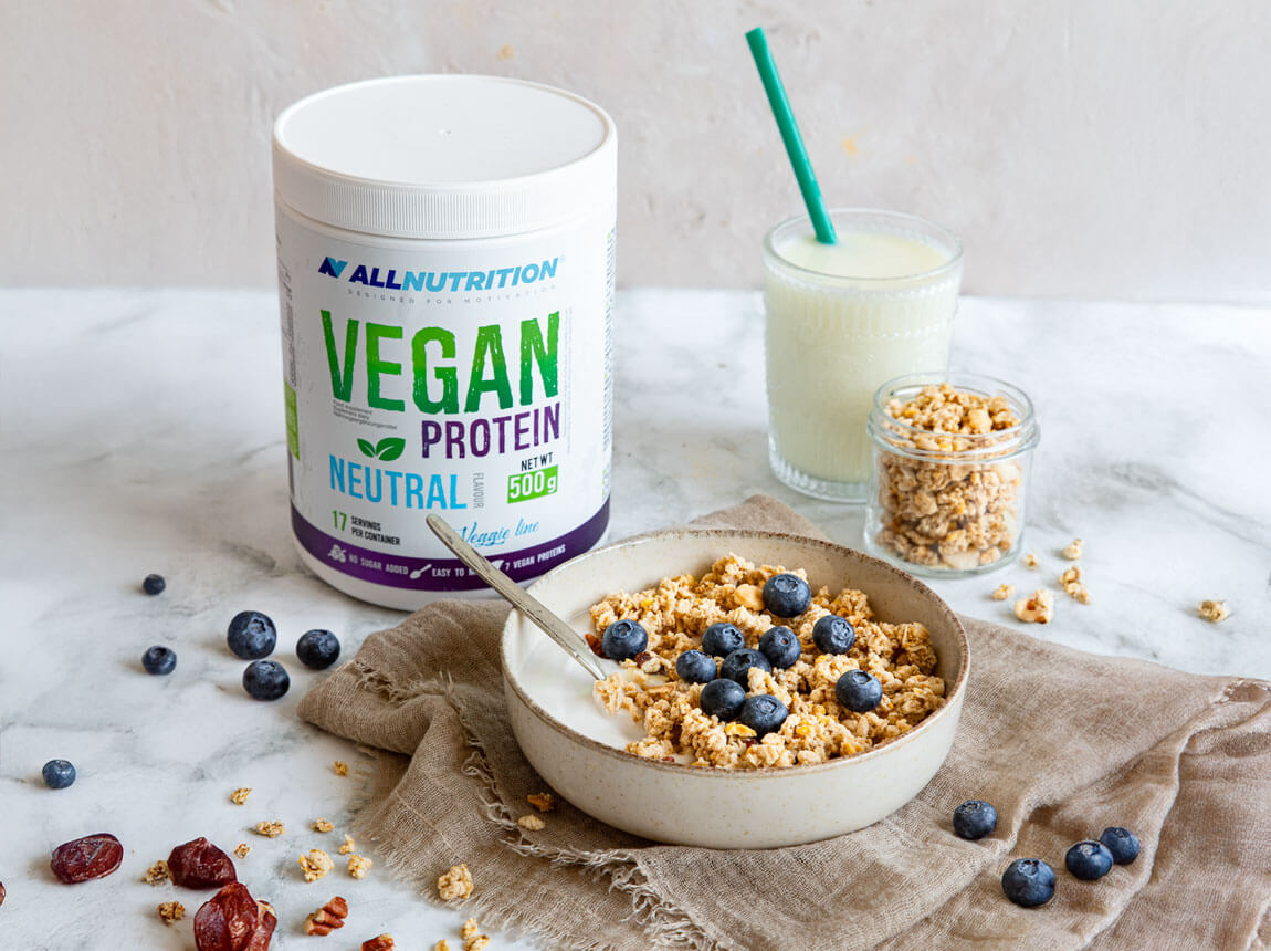  vegan granola with blueberries and coconut yoghurt